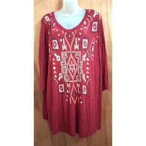 FADED GLORY Top Size 3X 22W-24W Berry Red Lace geometric print Tunic Rayon